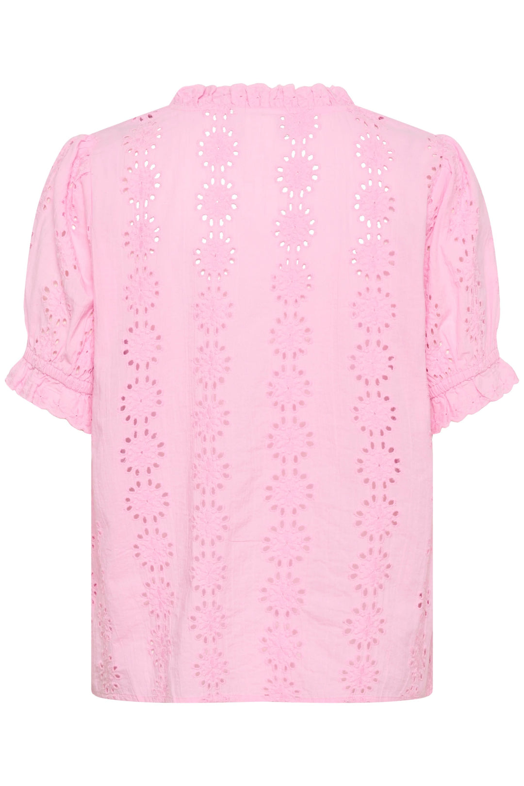 Dona Embroidered Short-Sleeve Blouse with Ruffled Neckline