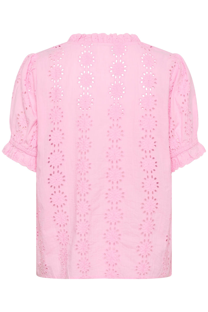 Dona Embroidered Short-Sleeve Blouse with Ruffled Neckline