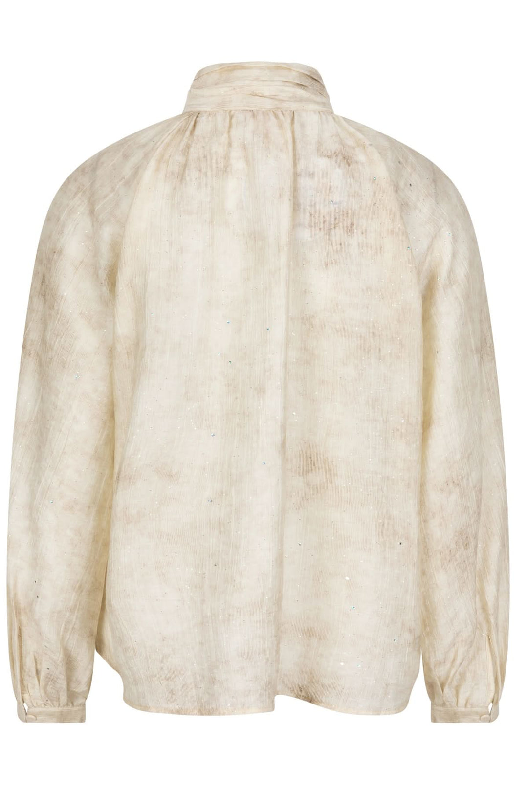 Blouse à col lavallière, dos, en tissu légèrement irisé et vaporeux, idéale pour un look chic et élégant.