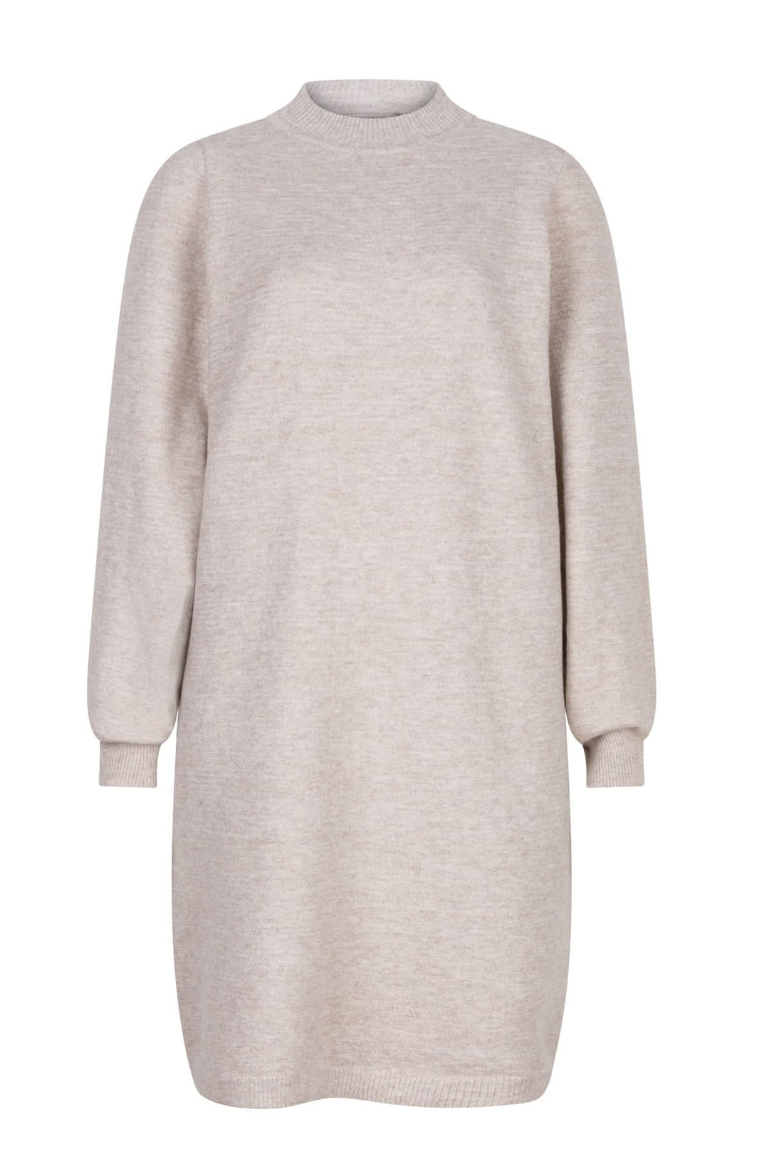 Robe en maille beige à manches longues et encolure ronde, idéale pour un look automnal élégant et confortable.