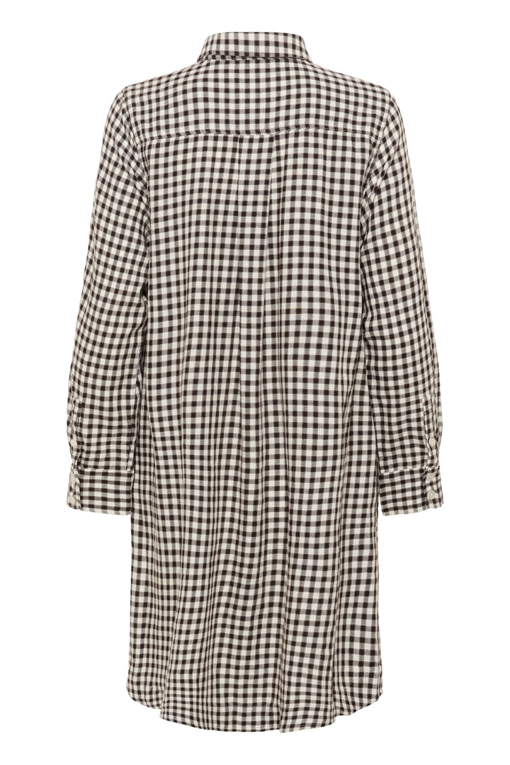 Robe Sardias: robe-chemise à carreaux au design décontracté et moderne, avec coupe droite et manches retroussables, vue arrière.