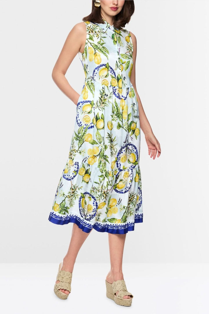 Robe longue imprimée à col chemise avec motif citrons, sans manches, jupe évasée pour un look chic et estival.