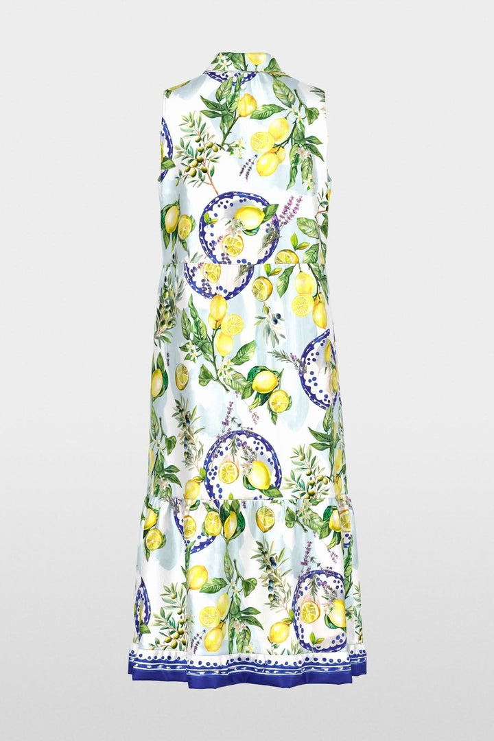 Robe longue imprimée à col chemise avec motif citron et fleurs, design sans manches élégant et estival, taille cintrée.