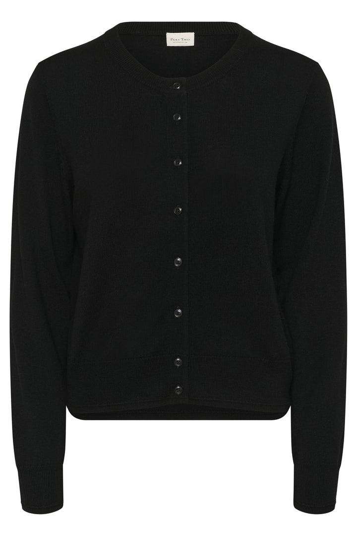 Cardigan Noelani noir en laine douce, encolure ronde et finition côtelée, parfait pour un look classique.