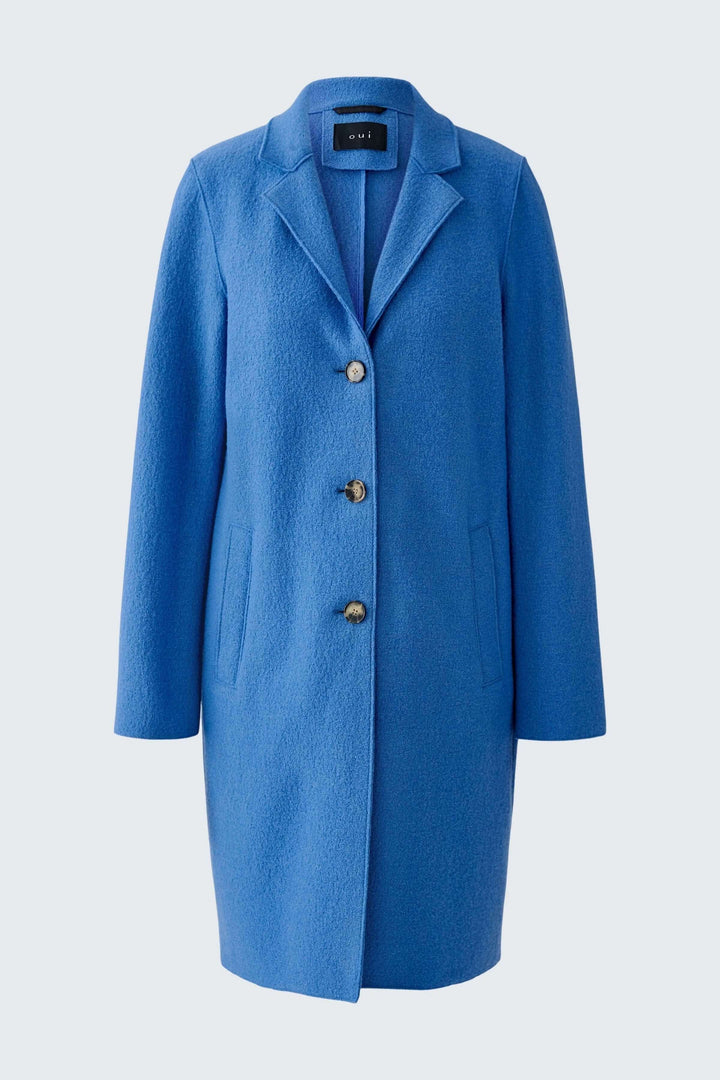 Manteau Mayson bleu, coupe droite, col tailleur, parfait pour un look chic et décontracté.