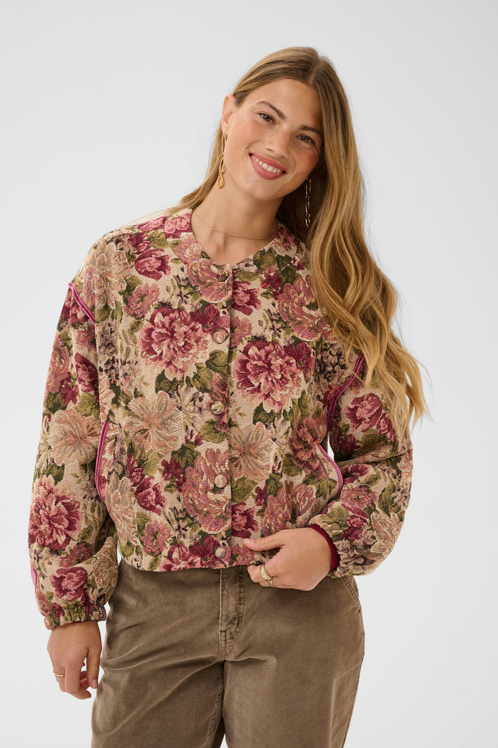 Veste courte à motif floral vue de face pour femme Cream