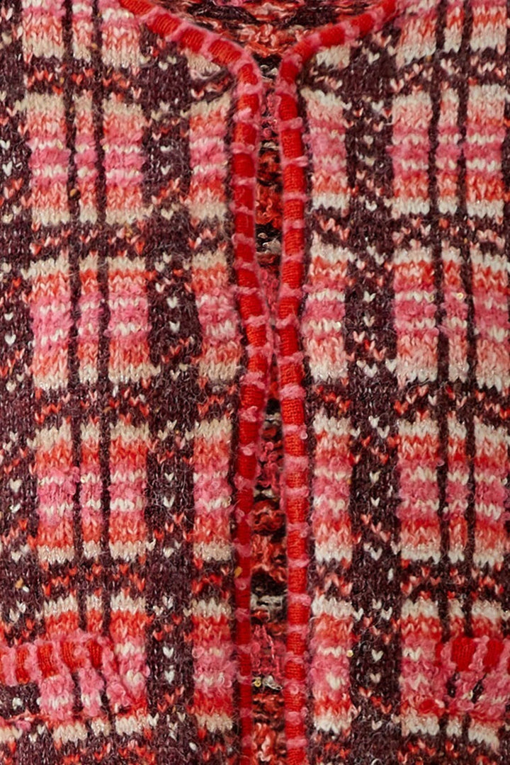 Front view of a short checked knit jacket for women by Oui
