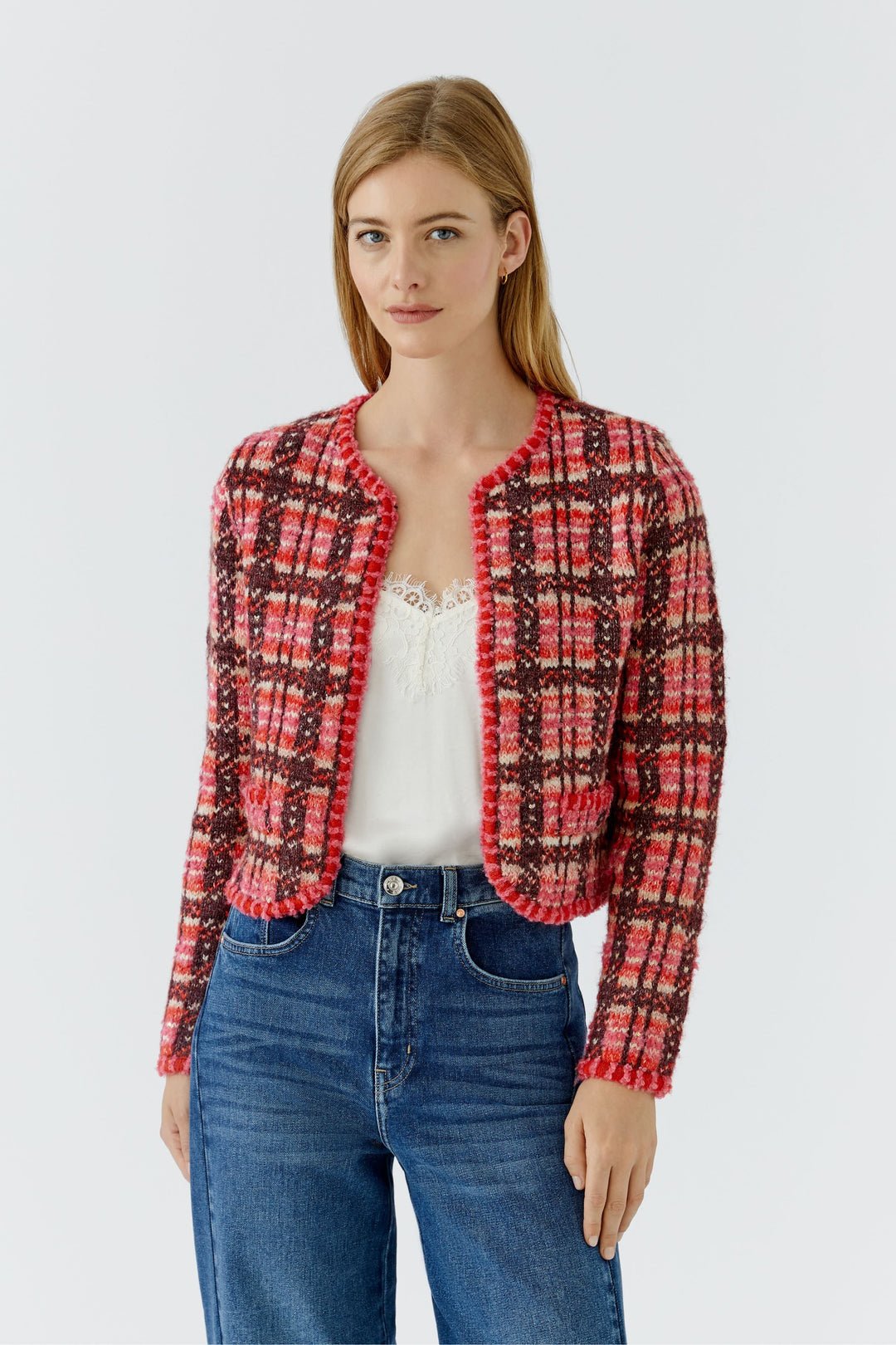 Front view of a short checked knit jacket for women by Oui