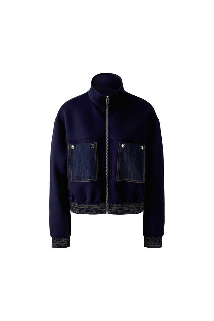 Veste courte zippée à détails en denim vue de face pour femme Oui