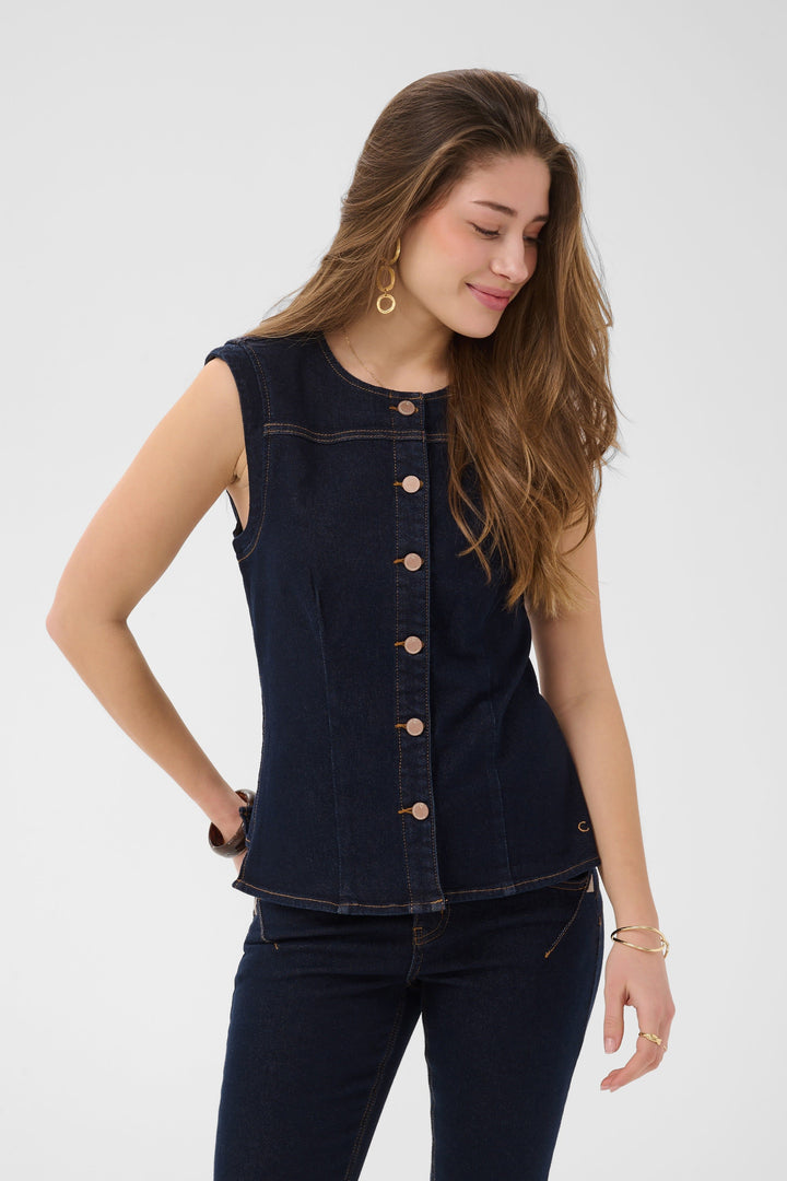 Vue de côté veste sans manches denim bleu Cream pour femme avec boutons - Valérie Simon
