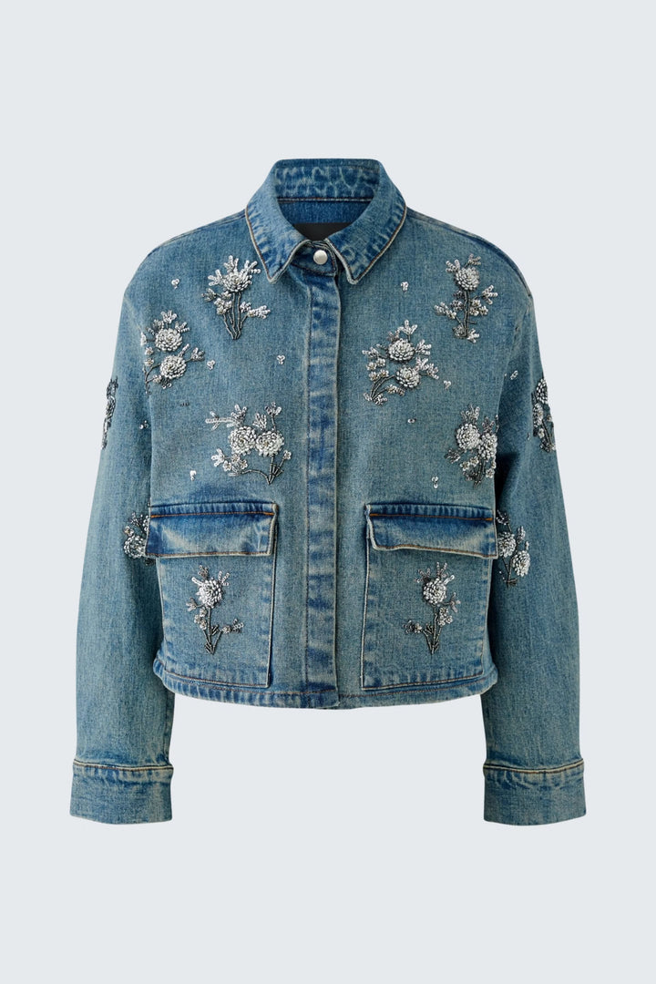 Vue latérale veste en denim broderies florales multicolores pour femme - Valérie Simon