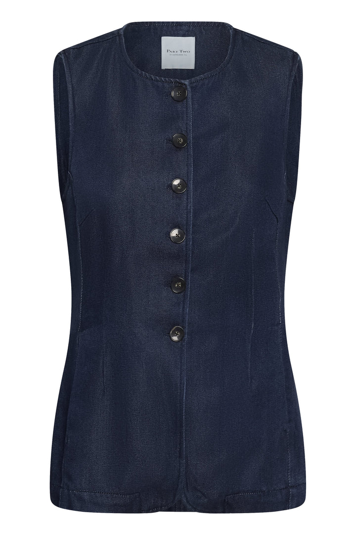 Veste en denim bleue sans manches vue de face pour femme Part Two