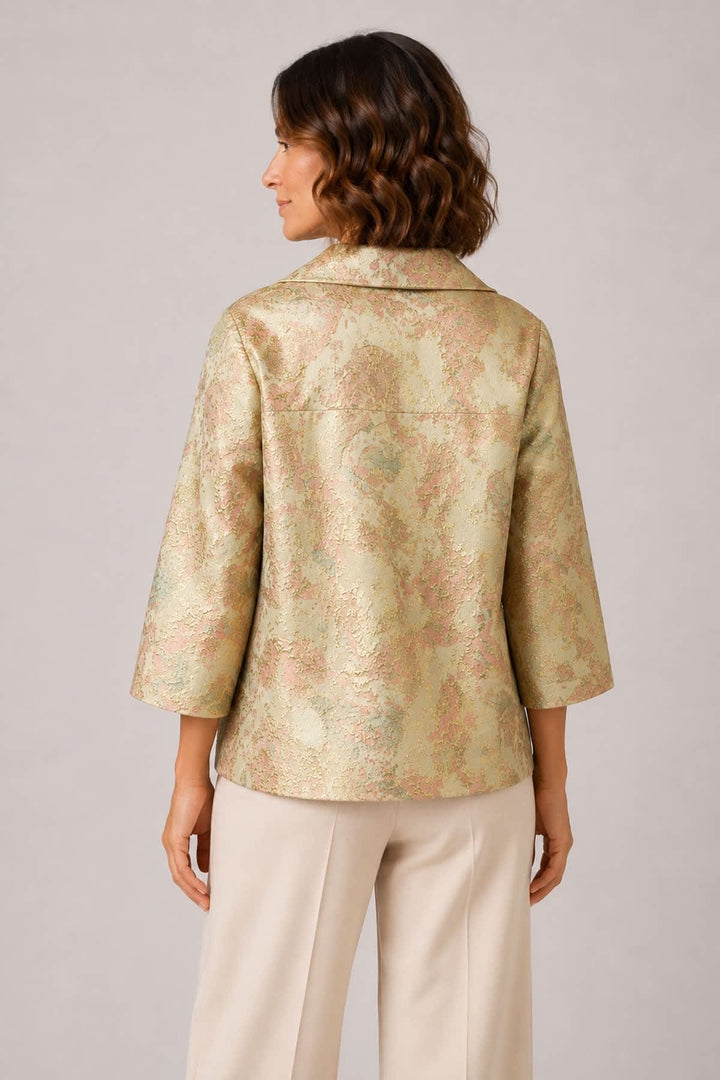 Front view of the Xenia gold brocade jacket for women, featuring intricate sleeves and embroidery - Valérie Simon