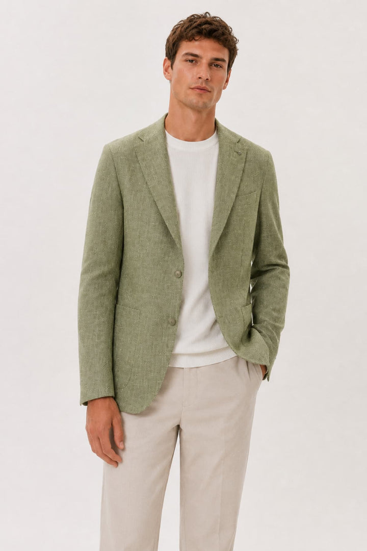 Vue de côté veston texturé en lin et coton Tagliatore pour homme beige Valérie Simon