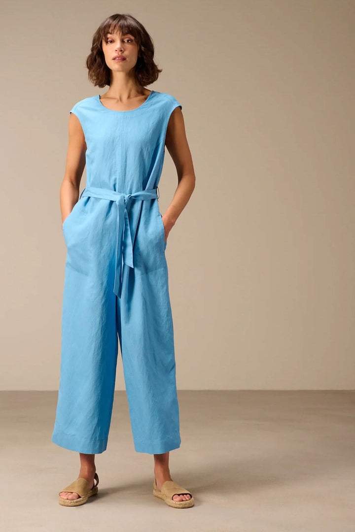 Sleeveless jumpsuit with a tie-waist belt