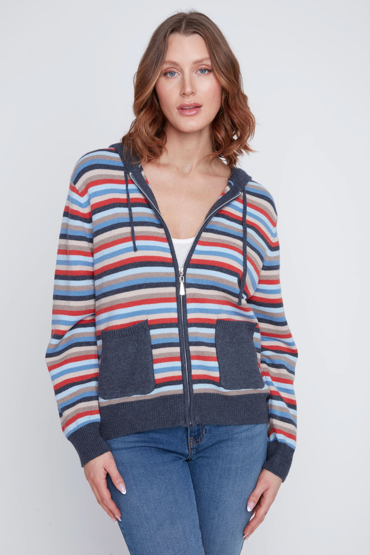 Cardigan à capuche zippé multicolore avec poches plaquées, style décontracté pour la mi-saison.