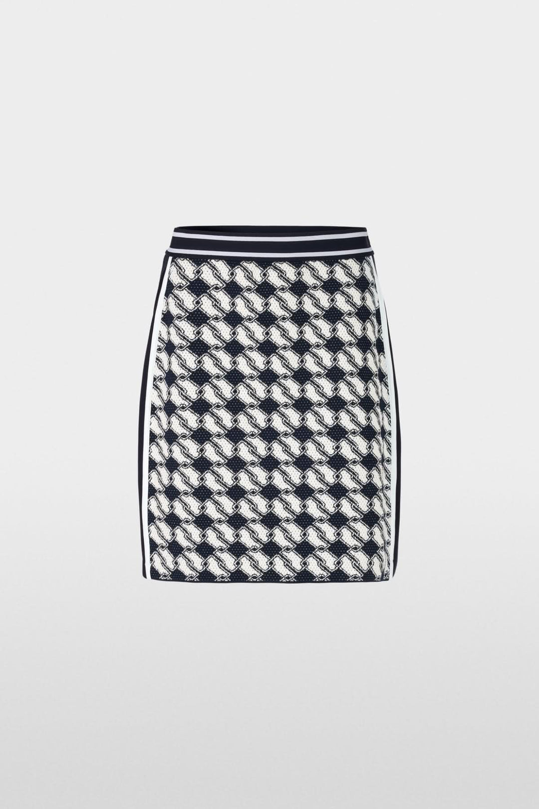 Jupe en maille avec motif cubique audacieux, taille élastique, tricotée en Allemagne pour un look graphique.