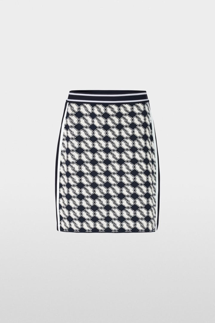 Jupe en maille avec motif cubique audacieux, taille élastique, tricotée en Allemagne pour un look graphique.