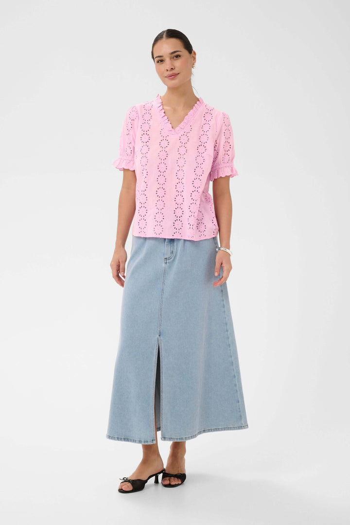 Dona Embroidered Short-Sleeve Blouse with Ruffled Neckline