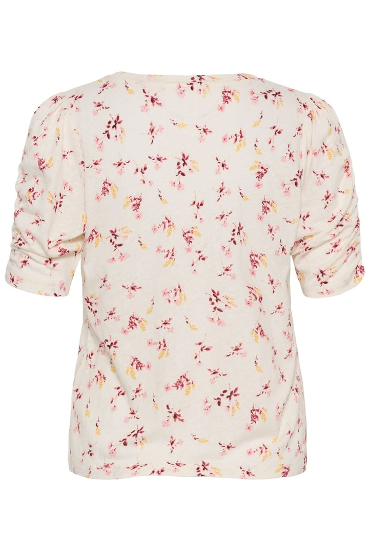 Vue arrière du T-shirt imprimé floral Brizette avec manches courtes légèrement froncées et tissu léger.
