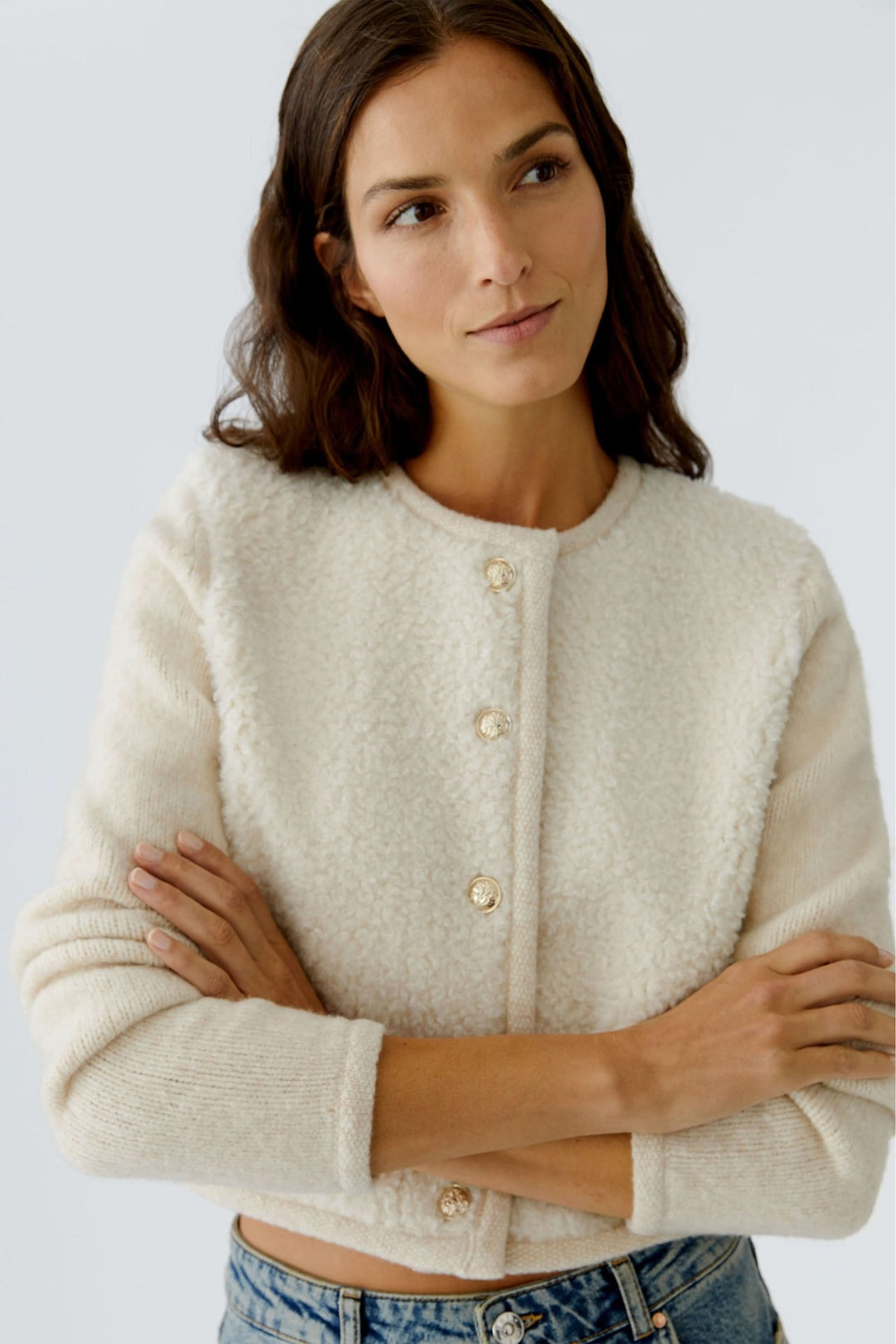 Short cardigan with bouclé effect, gold buttons
