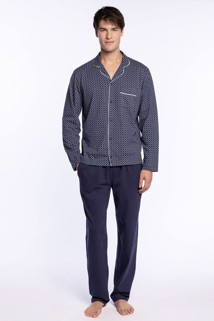 Pyjama Long en Coton à Chemise Imprimée