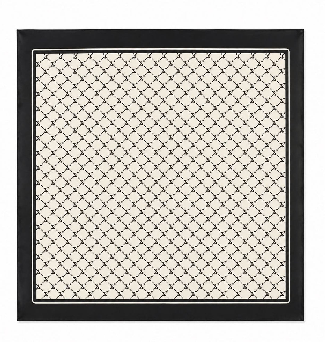 Foulard carré imprimé avec motif graphique all-over et bordure contrastante, 70 x 70 cm, élégant et polyvalent pour styliser différentes tenues.