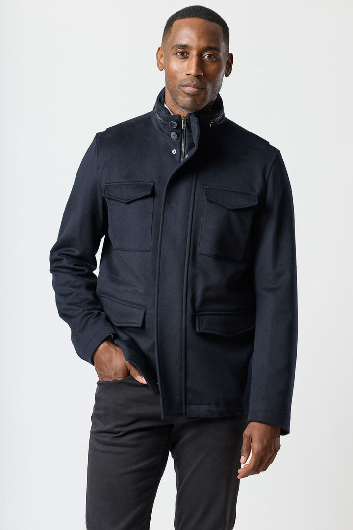 Wool jacket with four pockets, stowable hood