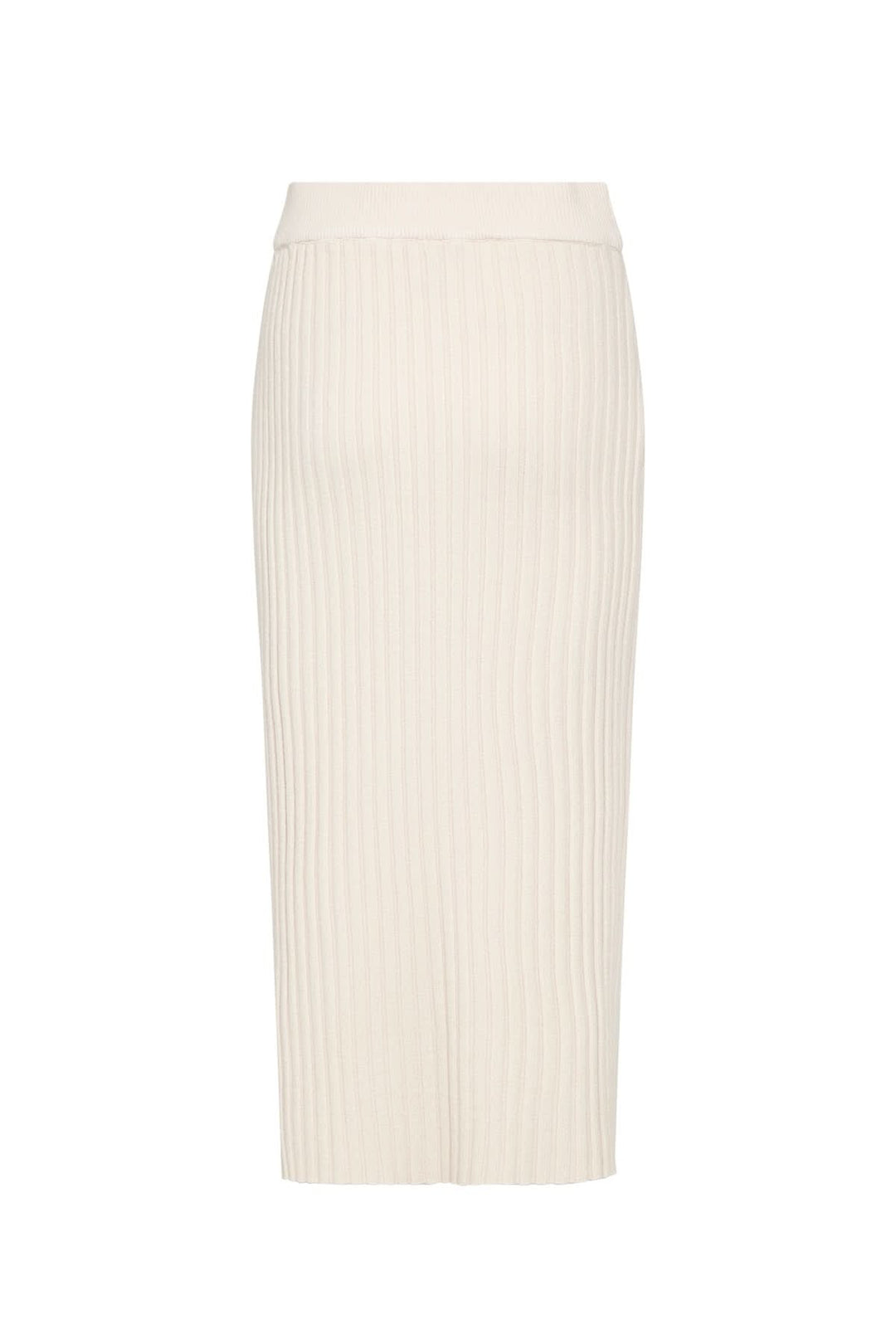 Jupe midi en maille côtelée beige, coupe évasée et taille élastiquée, alliant confort et élégance.