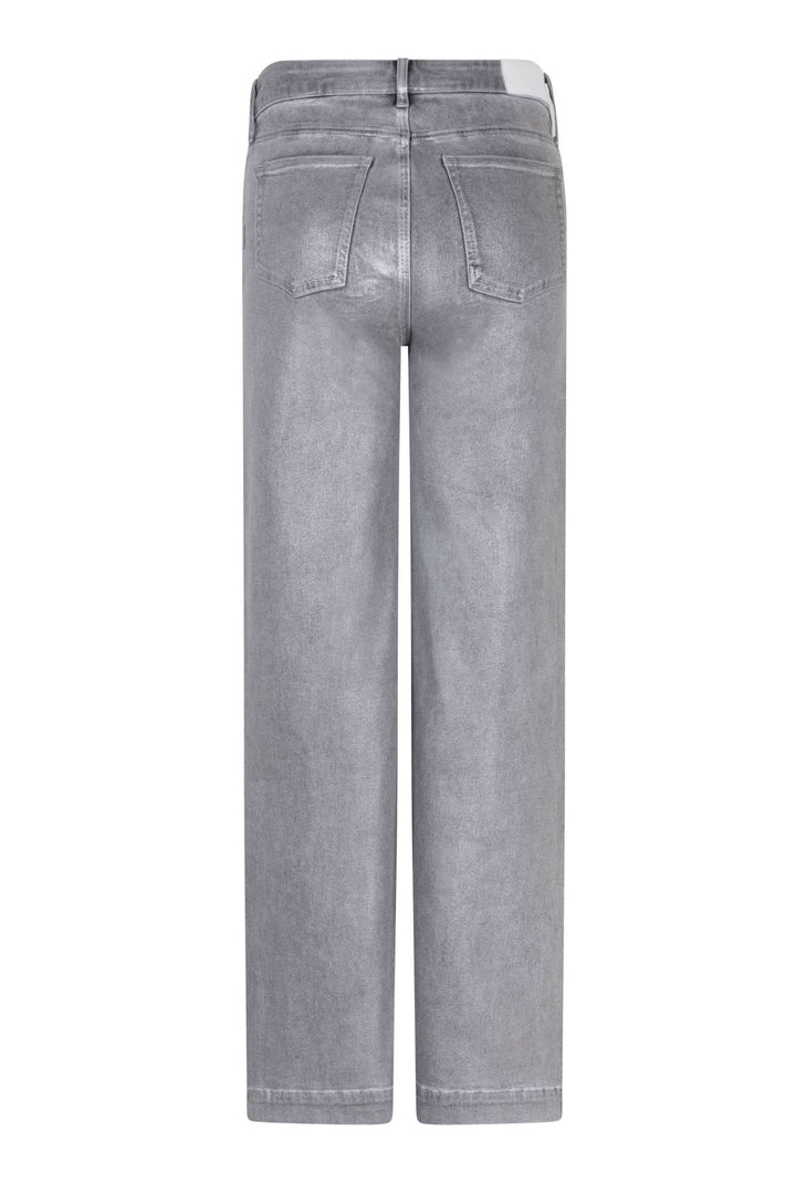 Jean à jambe droite en denim gris, coupe structurée, taille mi-haute, vue arrière.