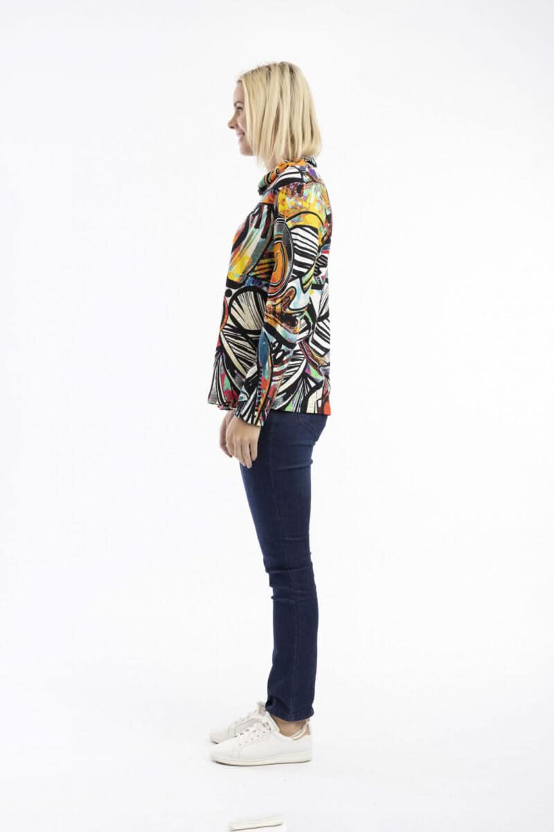 Abstract print draped collar sweater