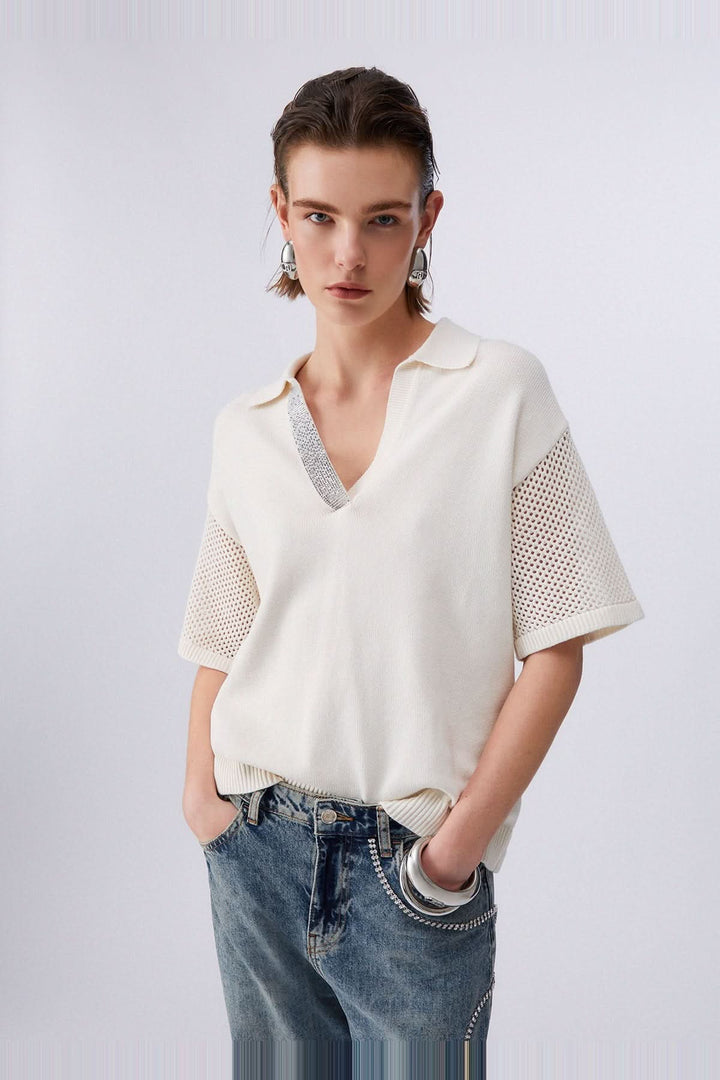 Knitted sweater with polo collar and rhinestones