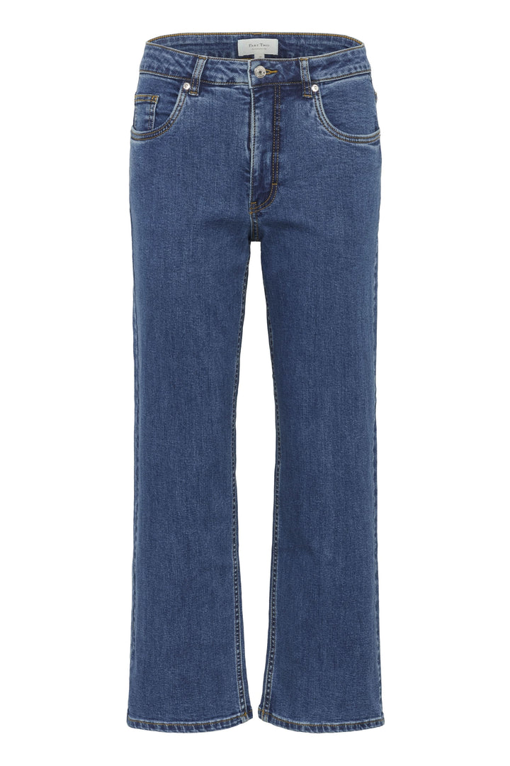 Jean Judyas à jambe droite écourtée en denim, taille régulière, style moderne et décontracté.