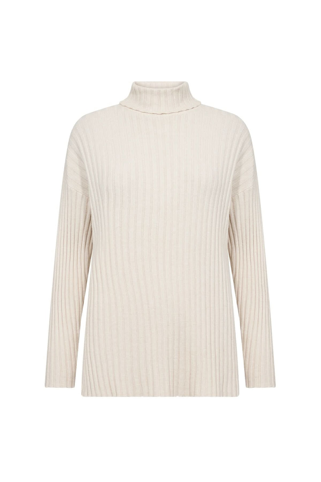 Tricot col montant beige en maille côtelée, confortable et élégant, idéal pour les journées fraîches.