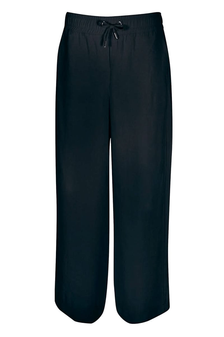 Pantalon jogging fluide noir avec coupe ample, taille élastique et cordon de serrage pour confort et style décontracté.