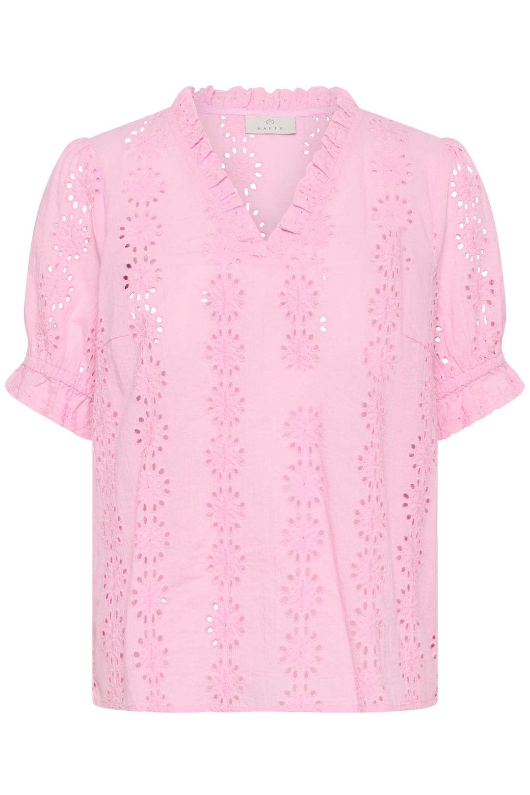 Dona Embroidered Short-Sleeve Blouse with Ruffled Neckline