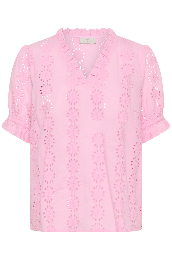 Dona Embroidered Short-Sleeve Blouse with Ruffled Neckline