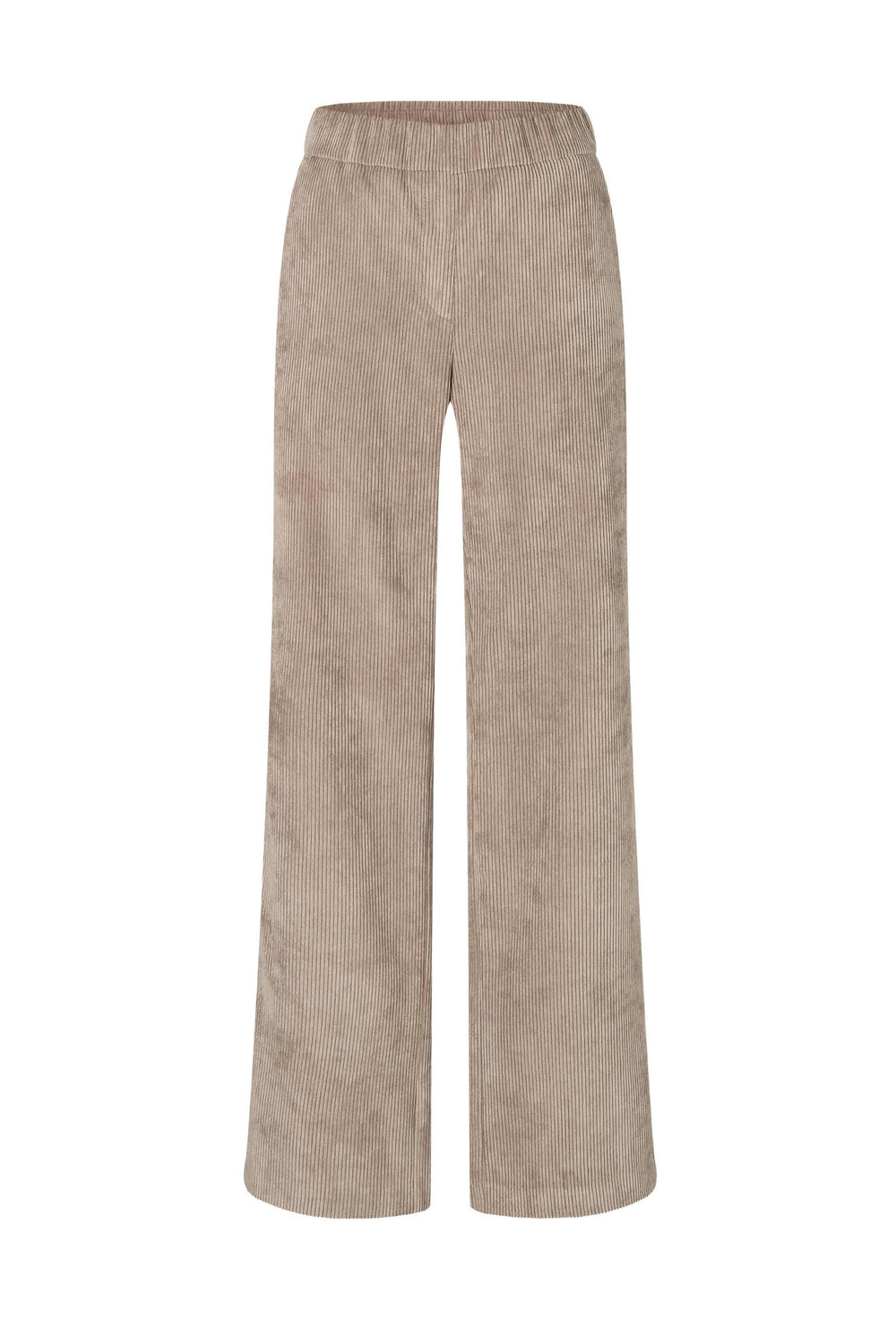 Pantalon en velours côtelé beige à jambe large, taille élastique, idéal pour un look chic et sophistiqué.