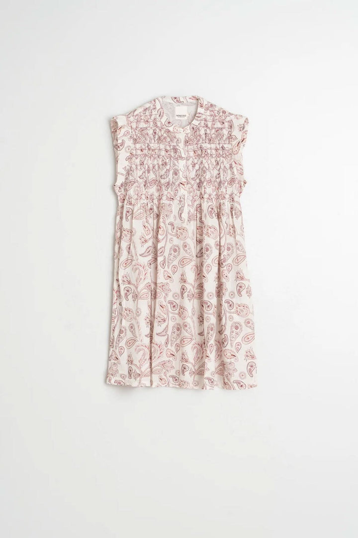 Short, flowing dress with a paisley print
