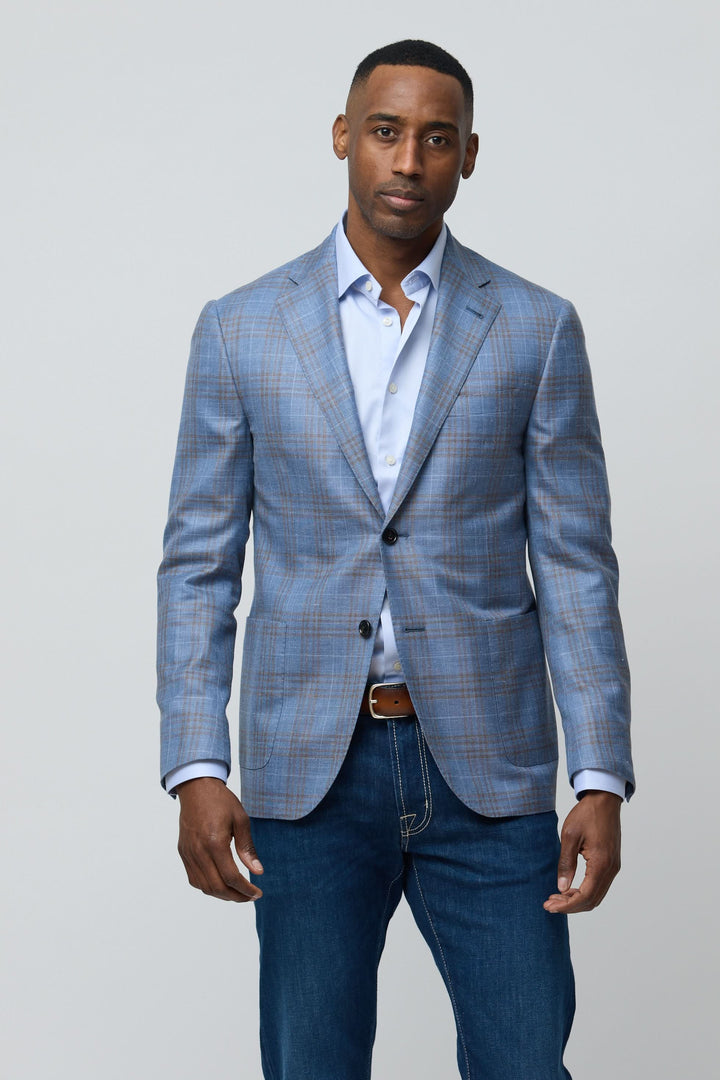 Veston à carreaux en laine, soie et lin