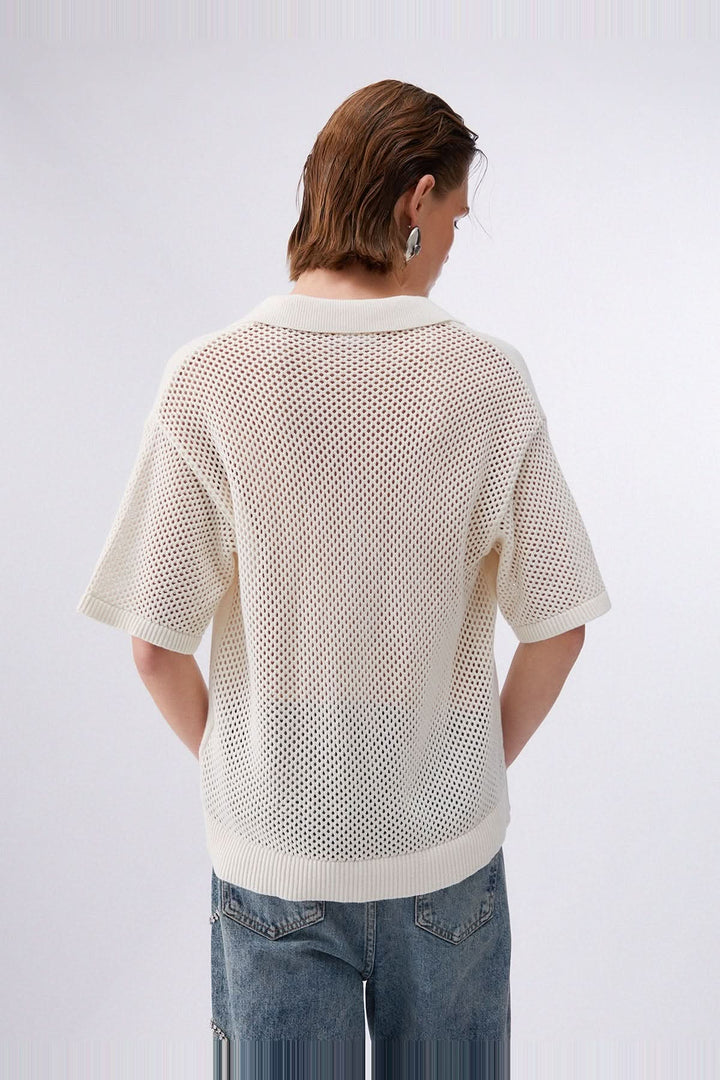 Knitted sweater with polo collar and rhinestones