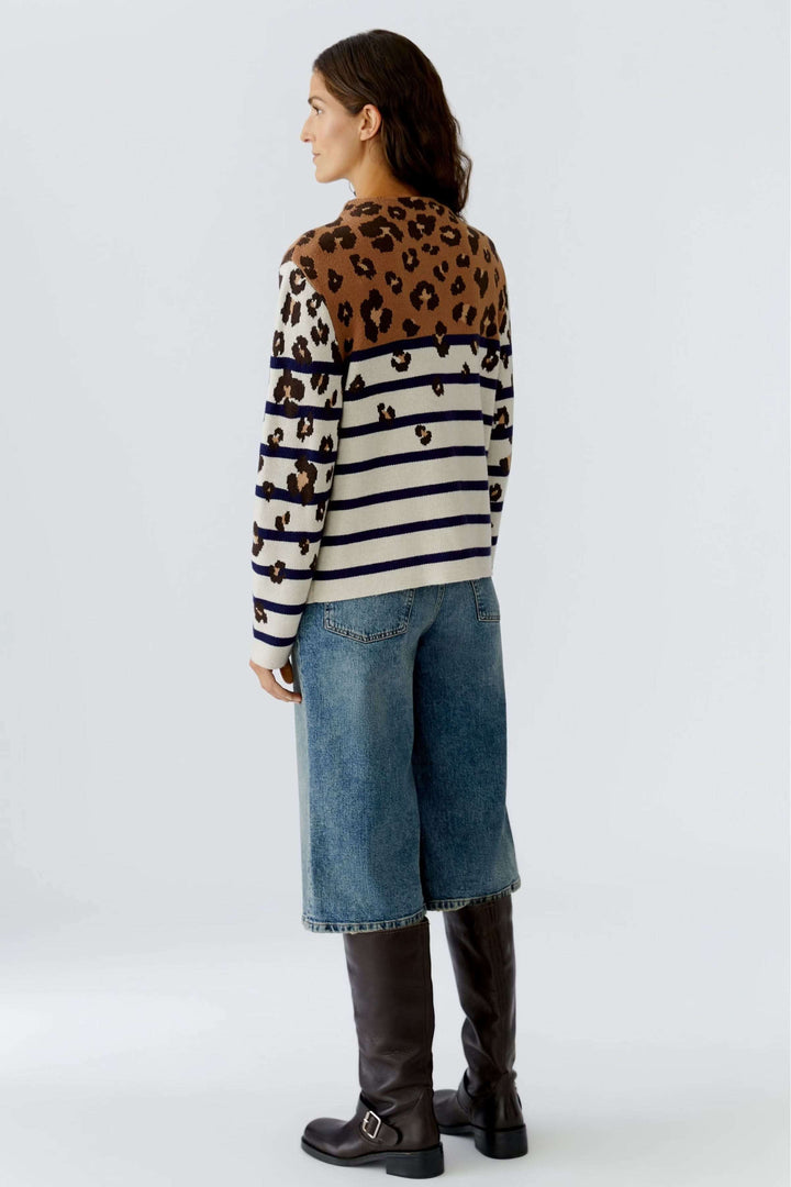 Sweater with mixed stripes and animal print pattern