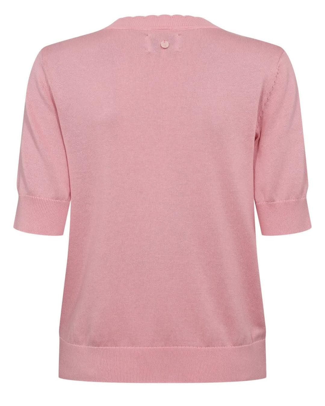 Vue arrière du chandail en tricot motif hibou rose avec manches courtes et col festonné, design moderne et ludique.