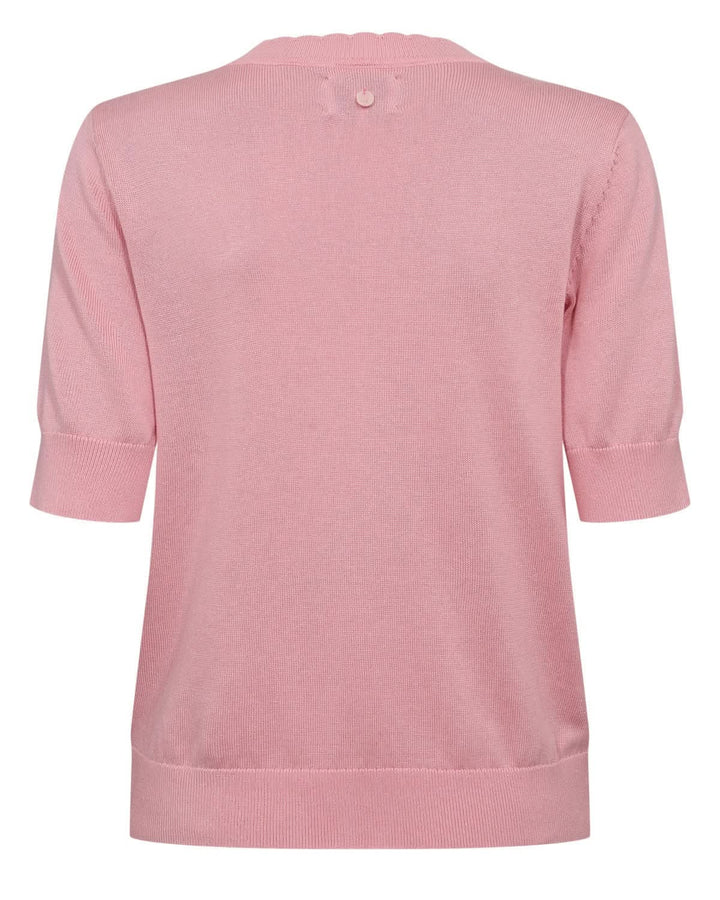 Vue arrière du chandail en tricot motif hibou rose avec manches courtes et col festonné, design moderne et ludique.