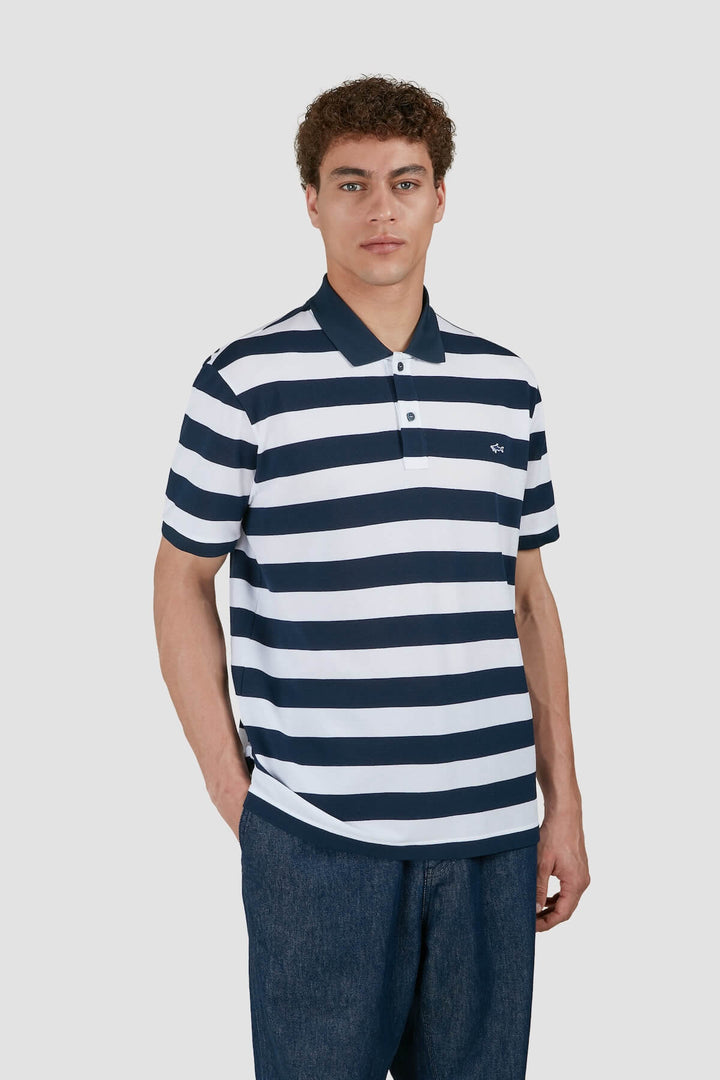 Navy and white striped pique cotton polo shirt