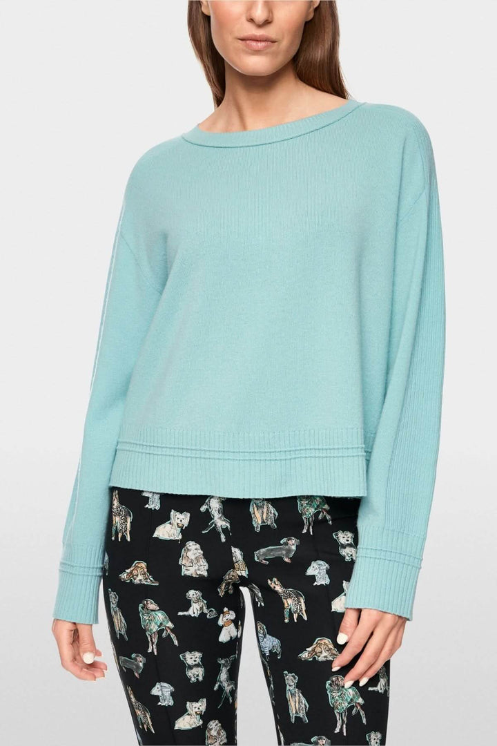 Chandail manches longues bleu avec col rond dégagé et finitions côtelées, porté avec un pantalon imprimé animalier.