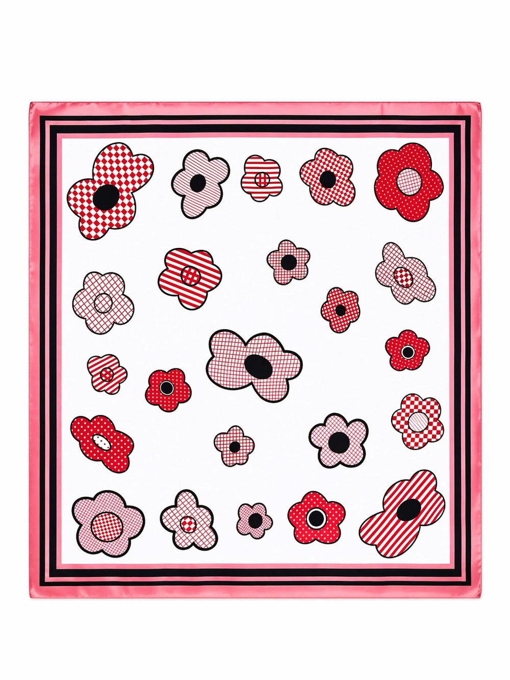 Foulard carré imprimé fleurs graphiques avec motifs floraux stylisés et bordure contrastante, format 70 x 70 cm, tissu léger et soyeux.