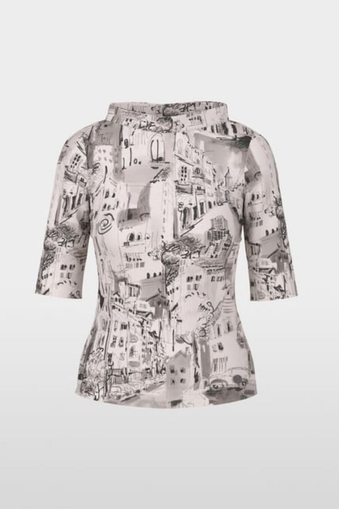 Haut avec motif CITY à manches courtes, imprimé graphique urbain en noir et gris, col montant discret, style artistique moderne.