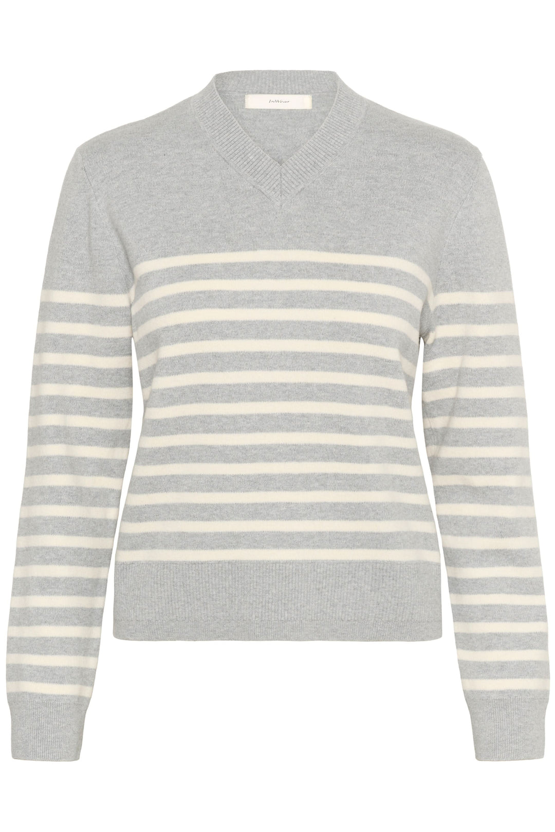 Chandail Wallis à rayures grises et blanches, encolure en V et coupe droite moderne, idéal pour un look chic.