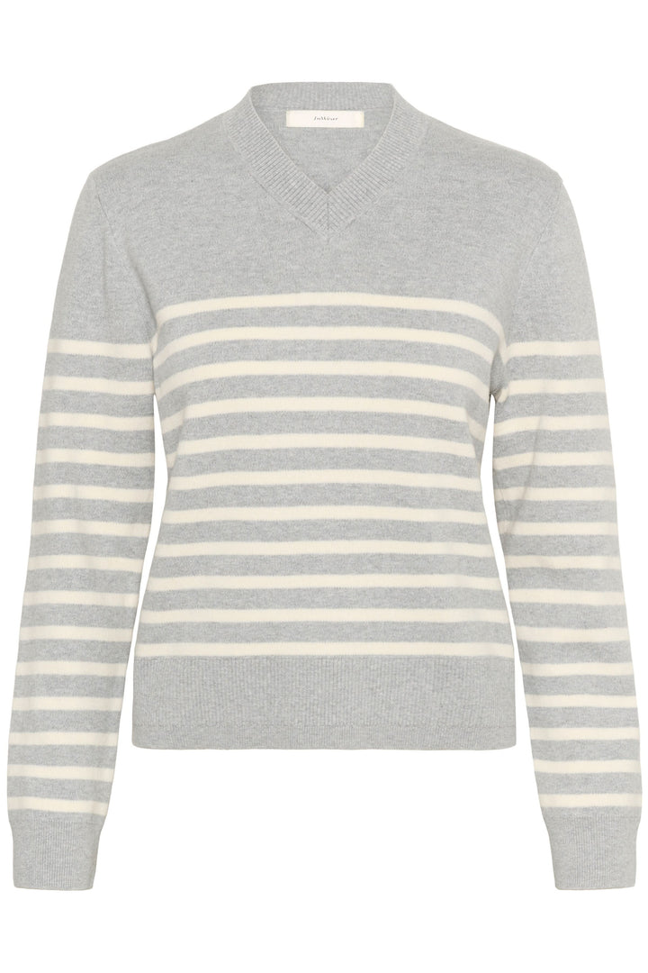 Chandail Wallis à rayures grises et blanches, encolure en V et coupe droite moderne, idéal pour un look chic.